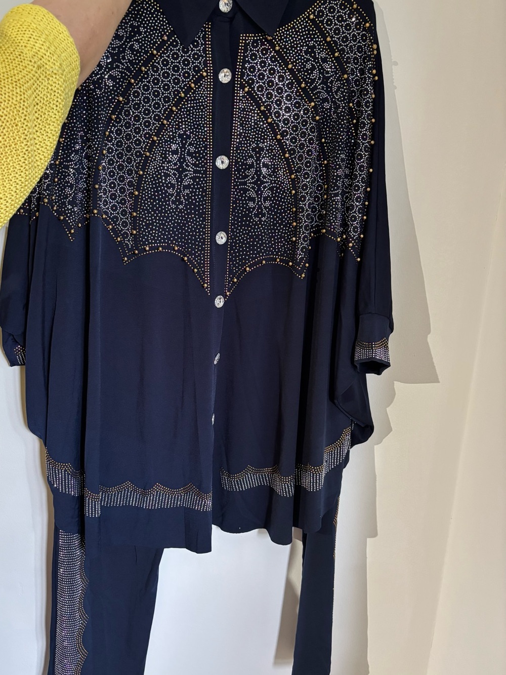 Embellished Navy Button-Front Women’s Top
